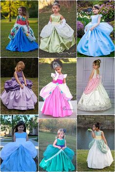 many dresses are shown in different colors and sizes, including blue, pink, green, purple