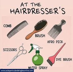 a poster with different types of hair brushes and combs on it's side