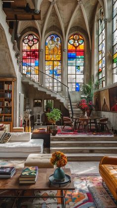 a living room filled with furniture and stained glass windows