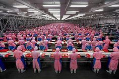 many people in pink coats are working on machines