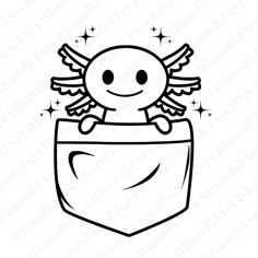 a black and white drawing of an angel sitting in a pocket with stars around it