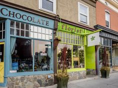 the storefront of chocolate florist is painted bright green and has plants in front