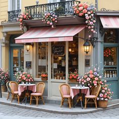 the outside of a restaurant with pink flowers on the awnings and tables in front of it