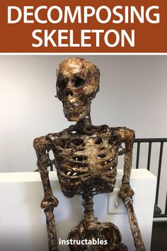 a skeleton sitting on top of a white table next to a stair case with the words decomposing skeleton instructions