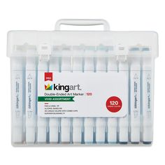 the kingart double ended art marker set is in a plastic case with white handles