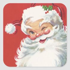 an old fashioned santa claus sticker with holly berries on his head and nose, in front of a red background