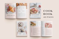 the cook book is open to show different foods and desserts on it's pages