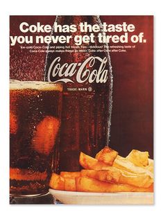 an advertisement for coca cola with a plate of french fries and a glass of beer