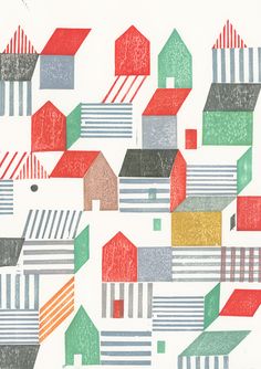 an image of colorful houses on white paper with red, green and blue stripes in the background