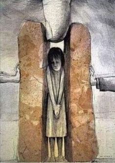 a drawing of a person standing in front of a giant stone structure with two hands coming out from it