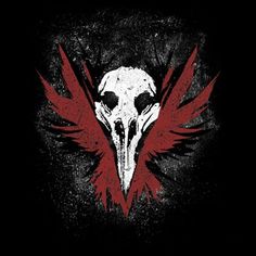 a black background with red and white birds in the center, on top of it