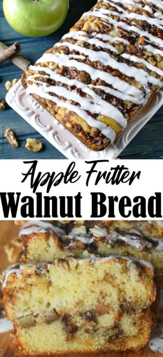 apple fruiter walnut bread with white icing on top and an image of apples in the background