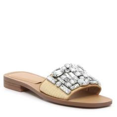 Rhinestone & Raffia Upper Slip-On Round Open Toe Synthetic Lining 1" Stacked Heel Synthetic Sole Imported Stone Embellished Round Toe Sandals For Summer, Embellished Flat Beige Sandals, Leather Sandals With Rhinestones For Beach, Boho Jewels, Low Wedge Sandals, Black Gladiator Sandals, Vintage Sandals, Ankle Sandals, Crown Vintage