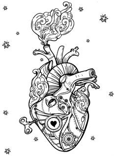 a black and white drawing of a heart in the sky with stars around it,