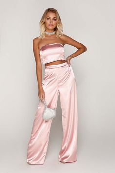 Tammy Hembrow Blush Satin Wide Leg Trousers | In The Style USA Fitted Satin Bottoms For Summer, Satin Bottoms For Date Night In Summer, Satin Bottoms For Summer Date Night, Solid Color High Waist Party Sets, High Waist Solid Color Party Sets, Party Sets Solid Color High Waist, Summer Party Satin Bottoms, Casual Satin Sets, Spring Satin Party Bottoms