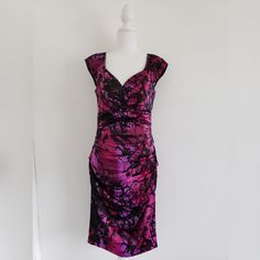 Brand New Never Worn, Purple And Black Print Design, Capped Sleeves, Ruched At The Waist, Zip Back, Below The Knees Purple Fitted Dress With Ruched Bodice, Fitted Purple Dress With Ruched Bodice, Purple Ruched Formal Dress, Capped Sleeves, Ruched Dress, Sangria, Asymmetrical Dress, Purple Black, Black Print