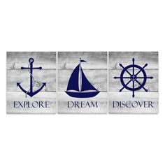 three blue and white wall art pieces with the words explore, dream, discovery