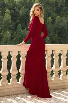 Elegant Red Dress Basic Prom Dress, Square Neck Long Sleeve Dress, Birthday Fit, Autumn Fabric, Square Neck Long Sleeve, Fishtail Dress, Fall Dress, Winter Dress, Maxi Dress Formal