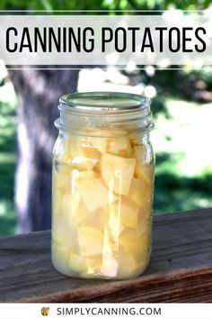 a mason jar filled with sliced potatoes sitting on top of a wooden table next to a tree