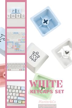 four different types of keyboard and keycaps with the words white keyset on them