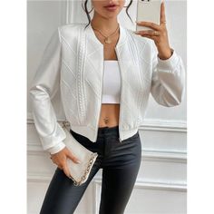 -Item Id 37874921 -Details: Pocket, Zipper -Neckline: Baseball Collar -Placket: Zipper -Sleeve Type: Regular Sleeve -Style: Casual -Type: Bomber -Color: White -Pattern Type: Plain -Sleeve Length: Long Sleeve -Length: Short -Fit Type: Regular Fit -Fabric: Medium Stretch -Material: Fabric -Composition: 95.0% Polyester, 5.0% Elastane -Care Instructions: Machine Wash, Do Not Dry Clean -Temperature: Spring/Fall (18-25/63-77) -Sheer: No **Open To Offers!!!** **Bundle To Save More** **30% Off Bundles O White Zipper Closure Cardigan, Cheetah Shorts, Green Denim Jacket, Brown Corduroy Jacket, Black Denim Jacket, Oversized Jacket, Denim Jean Jacket, Corduroy Jacket, Fabric Medium