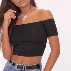 -Never Worn, Brand New -Bardot Neckline And Cropped Length -Size Small -Perfect To Pair With Jeans Or Skirt. Black Off-shoulder Crop Top For Night Out, Bardot Crop Top, Going Out Makeup, Going Out Hairstyles, Black Cotton, Going Out, Fashion Inspo, Crop Top, Cute Outfits