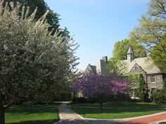 a large house surrounded by trees and flowers on a sunny day in the country side