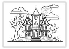 a drawing of a house on top of a hill with trees and clouds in the background