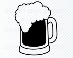 a black and white drawing of a beer mug with foamy bubbles on the top