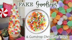 fake gummy trees and gumdrop christmas trees are featured in this postcard image