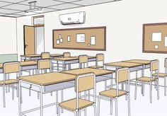 a drawing of a classroom with desks, chairs and pictures hanging on the wall