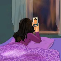 a woman laying in bed looking at herself in the mirror while holding up her cell phone