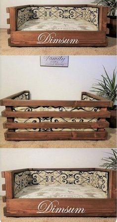 two wooden benches sitting next to each other on top of carpeted flooring in front of a white wall