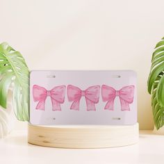 three pink bows on a white license plate next to a potted plant and houseplant