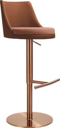 a brown stool with a checkered seat and foot rest on a metal base, against a white background