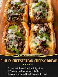 an advertisement for phily cheese steak cheesy bread on a cutting board with other food items