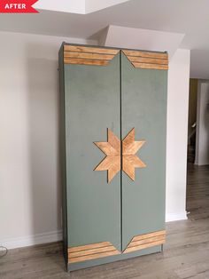 a green cabinet with wooden arrows painted on it