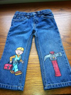 Bob the Builder painted jeans by Lilduds on Etsy, $35.00 Hand Painted Straight Leg Cotton Jeans, Blue Hand Painted Cotton Jeans, Painted Overalls, Bob The Builder, Painted Jeans, Womens Pants, Dec 30, Fabric Paint, Quality Fabric