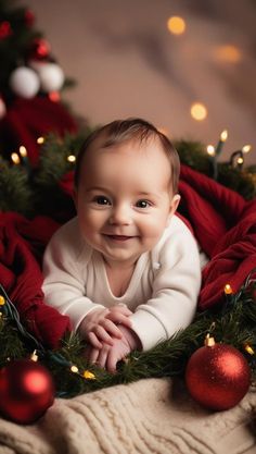 a baby smiles while laying on a blanket surrounded by christmas decorations