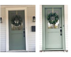 two pictures of the same door and one has a wreath on it