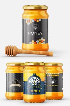 three jars of honey and a wooden spoon