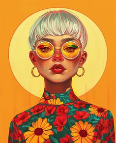 a painting of a woman with yellow glasses and flowers on her body, in front of an orange background