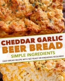 cheddar garlic beer bread is cut in half and stacked on top of each other