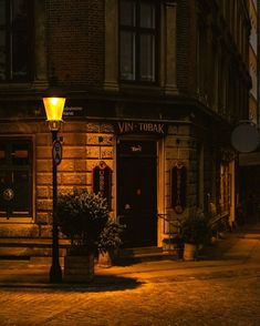 an empty street at night in front of a building with a lamp post and potted plants