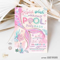 this is an image of a mermaid pool birthday party card with the words splash splash it's a mermaid pool party bash