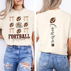 Support your football player this season with this Personalized Football Bow Shirt for the football mom, football girlfriend, football sister, football aunt, football grandma, or whatever you'd like to add! Add your custom player's name and number, and what you want on the front (mom, mama, girlfriend, etc.). Create your own cheer section with matching shirts!  The Comfort Colors® tee is a soft-washed, garment-dyed fabric that brings extra coziness to your wardrobe while the relaxed fit makes it Football Sister Shirt, Football Aunt, Football Girlfriend Shirts, Football Sister, Football Girlfriend, Custom Football Shirts, Girlfriend Shirt, Aunt Shirt, Girlfriend Shirts