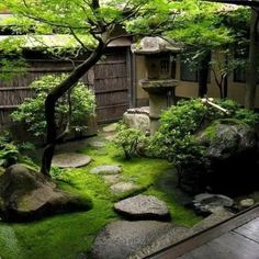 a small garden with rocks and trees in the center, surrounded by green grass on either side