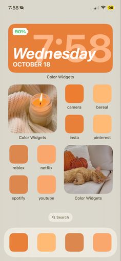 an orange and white poster with some pictures on it