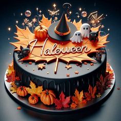 a halloween cake decorated with pumpkins, bats and witches is shown in this image