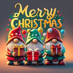 three christmas gnomes with presents in front of a merry tree and the words merry christmas